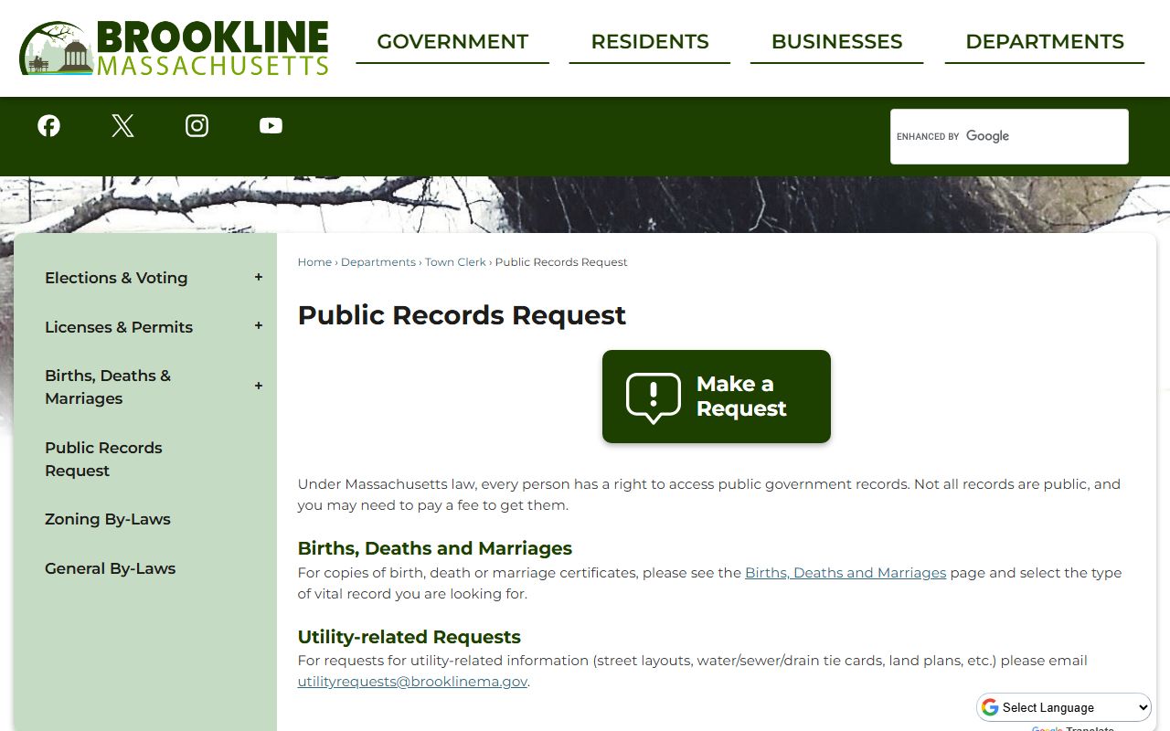 Brookline town public records request page for released inmate records