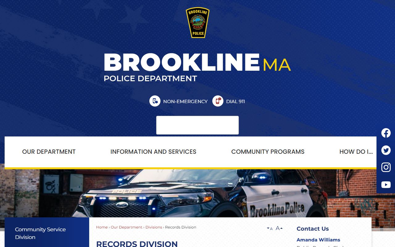 Brookline Police Records Division page for released inmate records requests