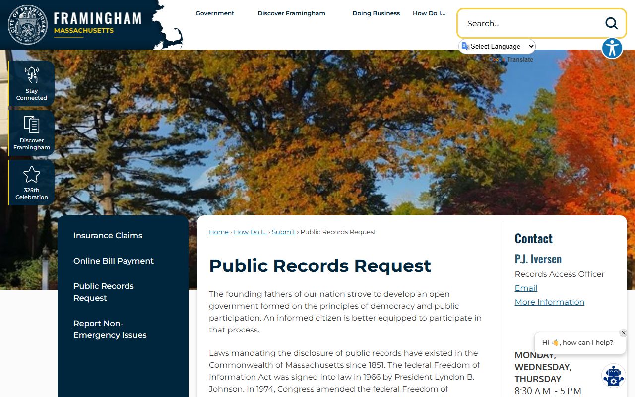 Framingham public records request page for released inmate records