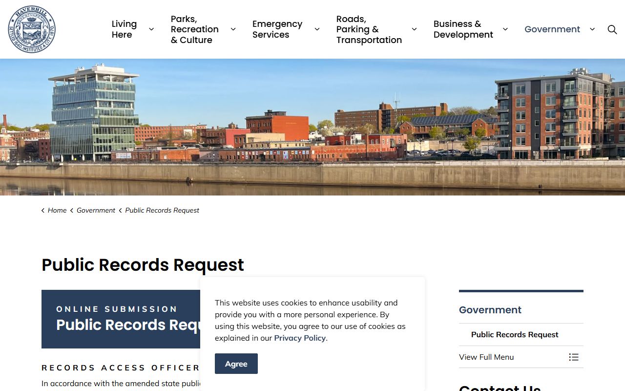 Haverhill public records request page for released inmate records