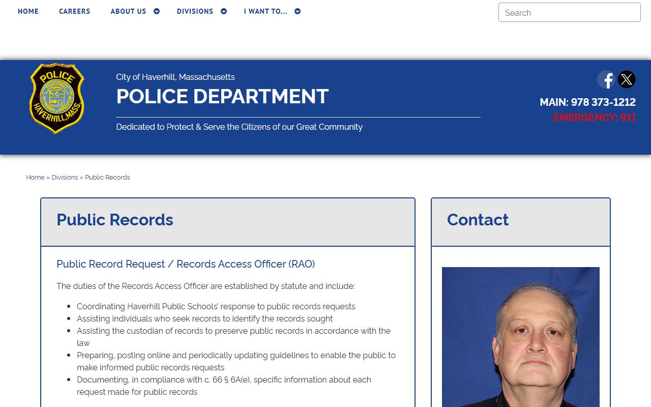 Haverhill Police Records Division page for released inmate records