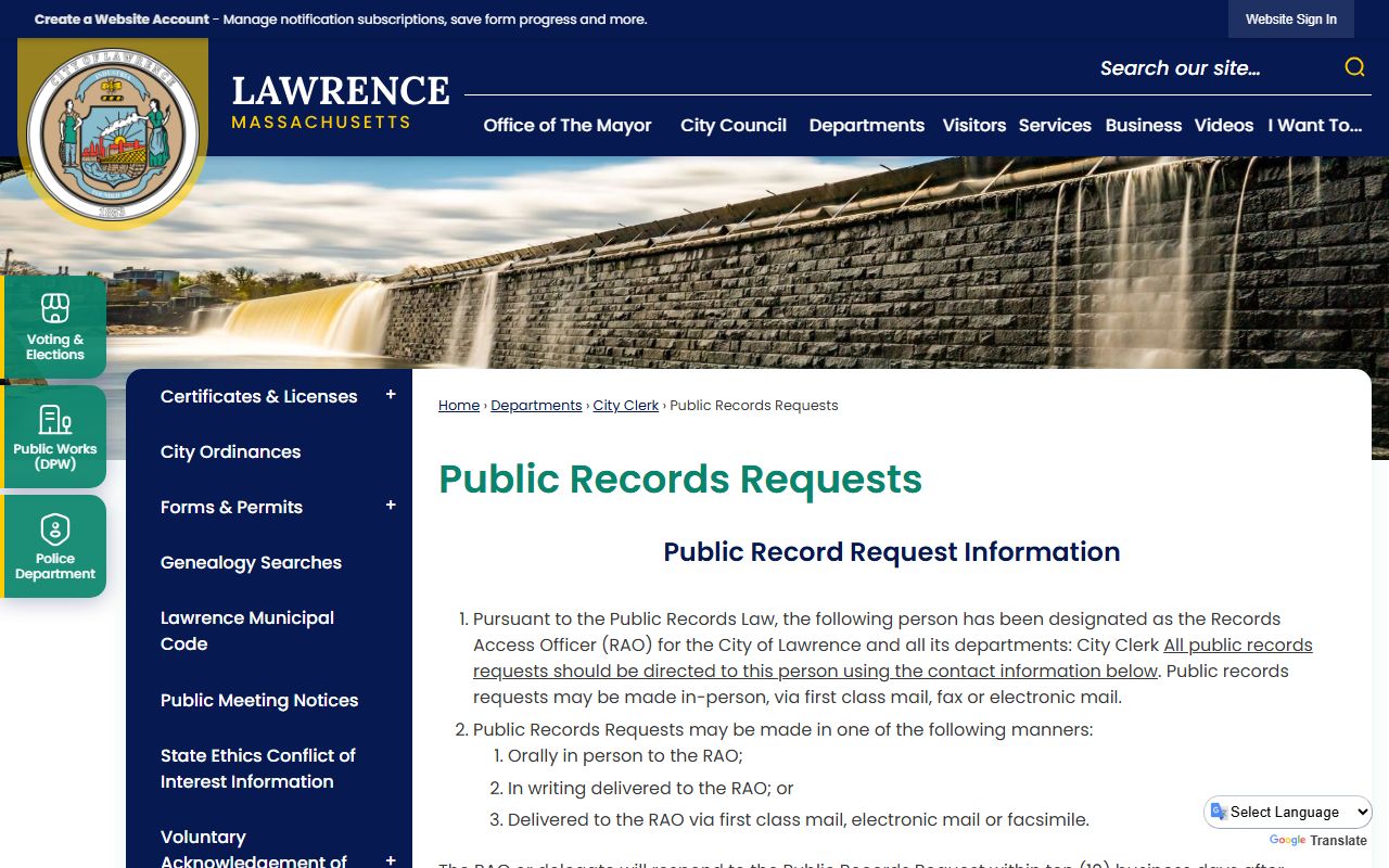 Lawrence Police public records request page for released inmate records