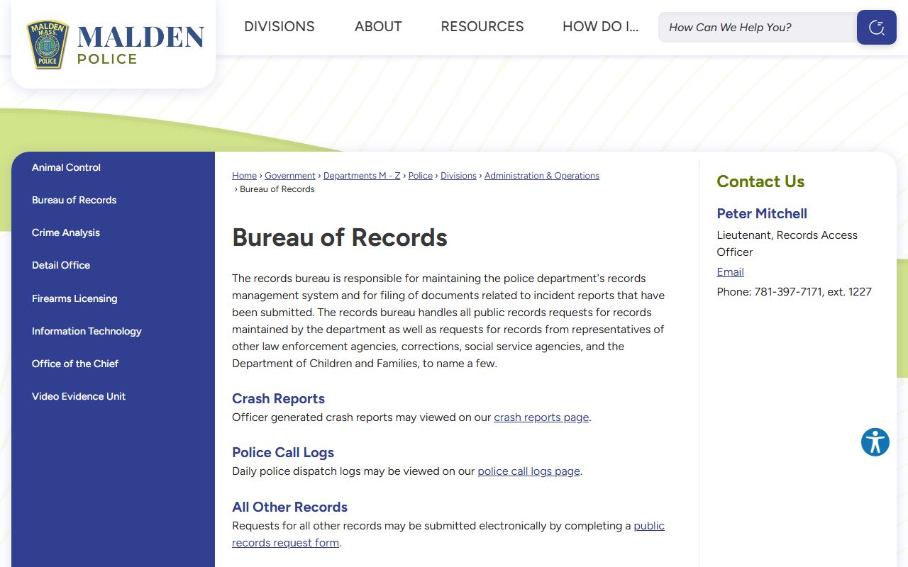 Malden Police Bureau of Records page for released inmate records