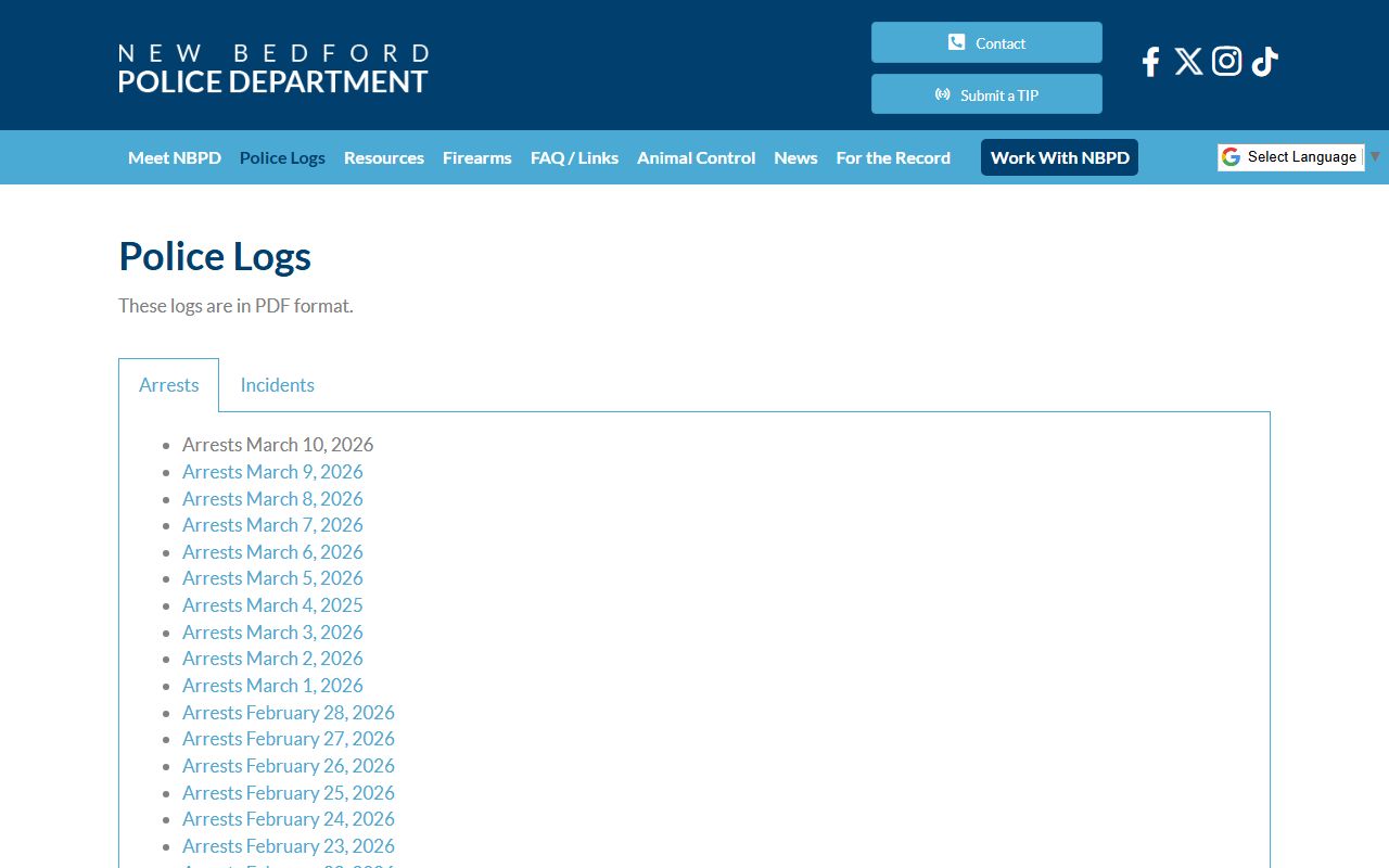 New Bedford Police logs for released inmate records