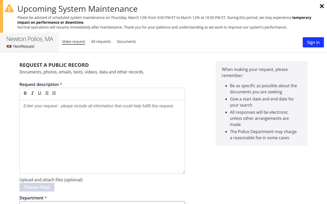 Newton Police records request portal for released inmate records