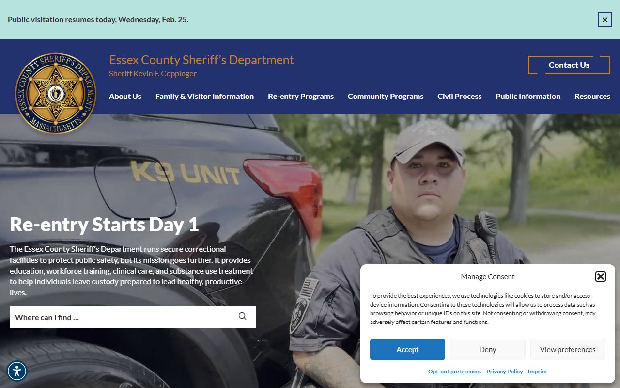 Essex County Sheriff Department portal for Peabody released inmates records