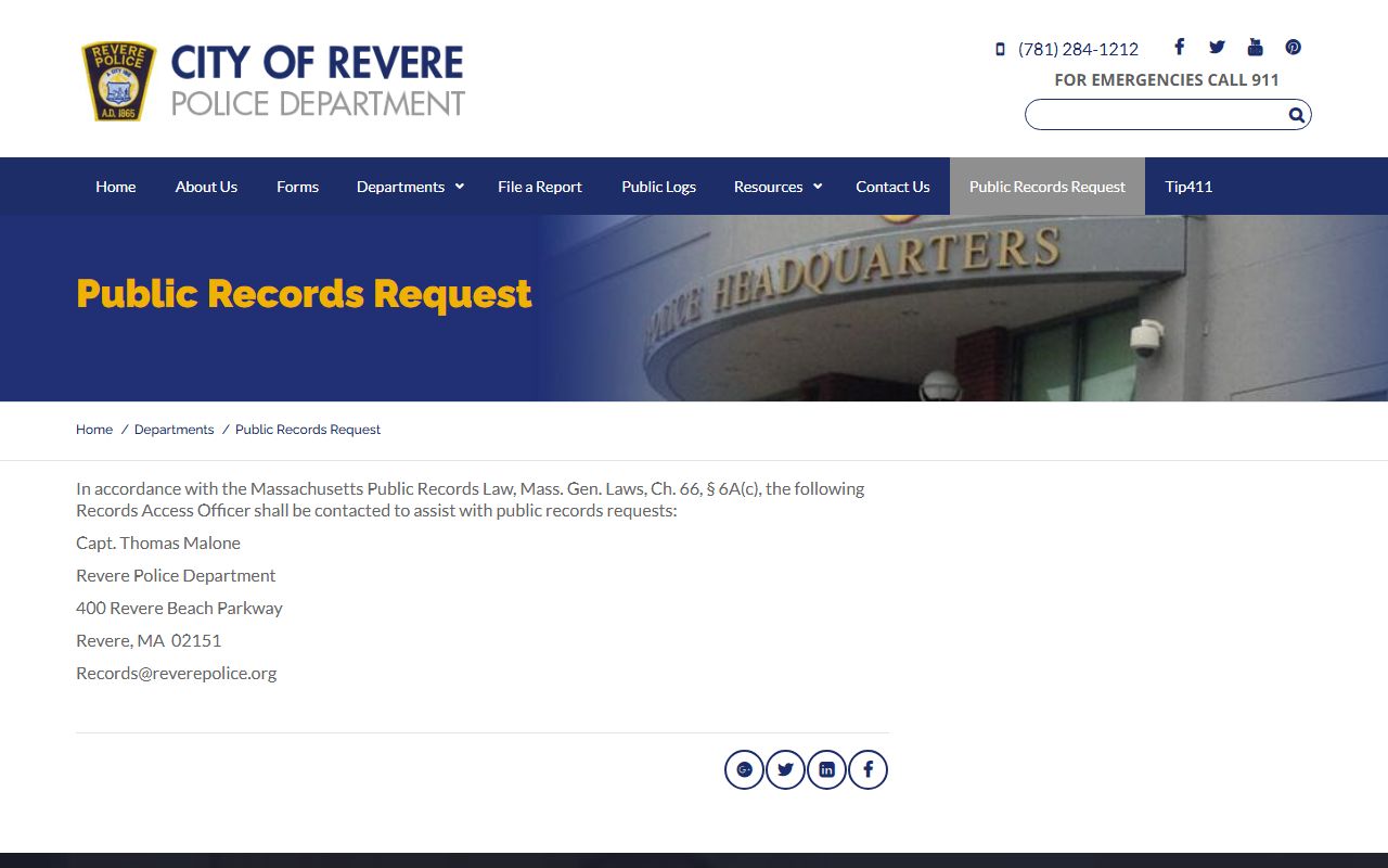 Revere Police public records request portal for released inmate records
