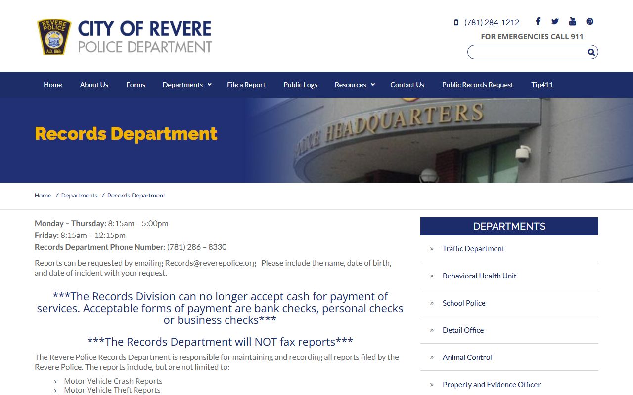 Revere Police records department for released inmate records
