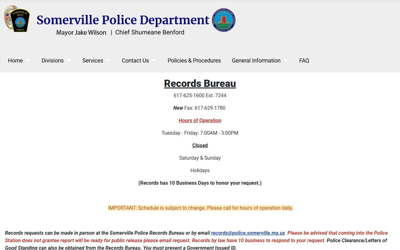 Somerville Police records request page for released inmate records
