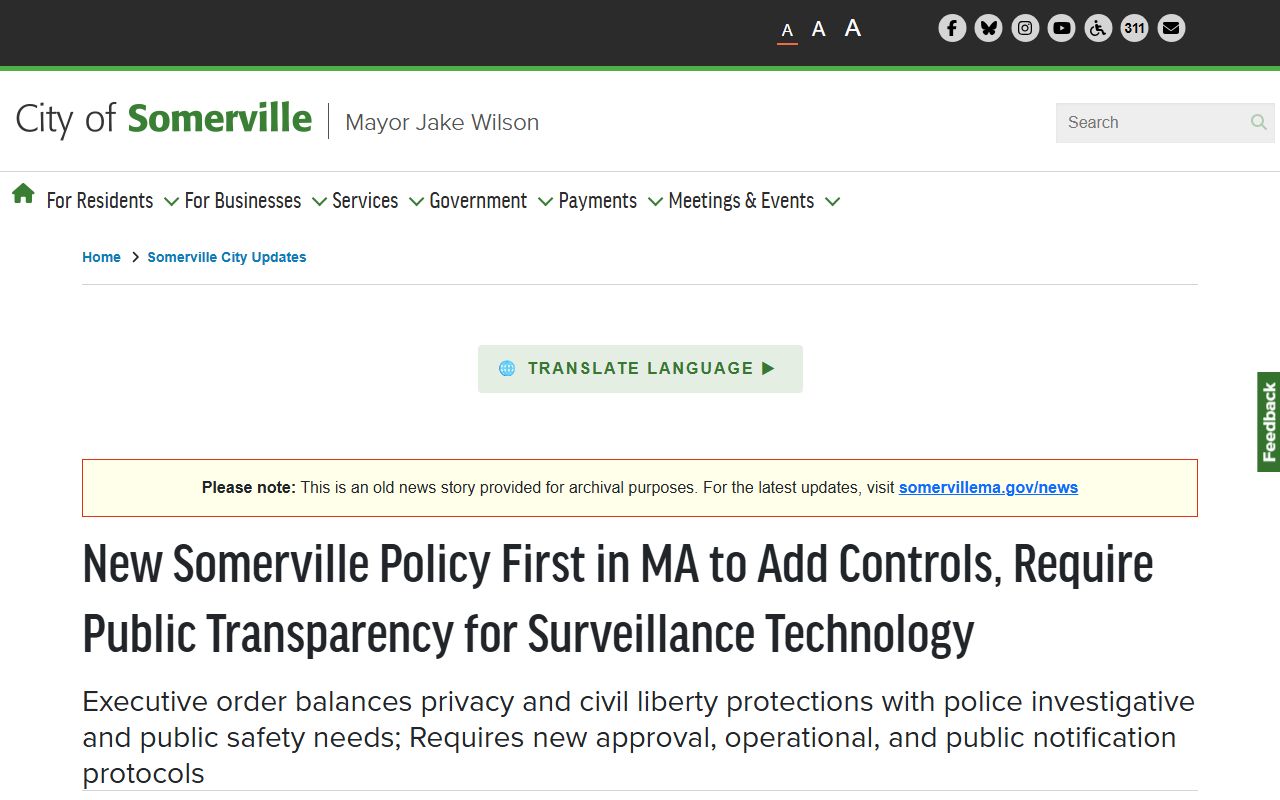 Somerville surveillance technology policy for released inmate records transparency