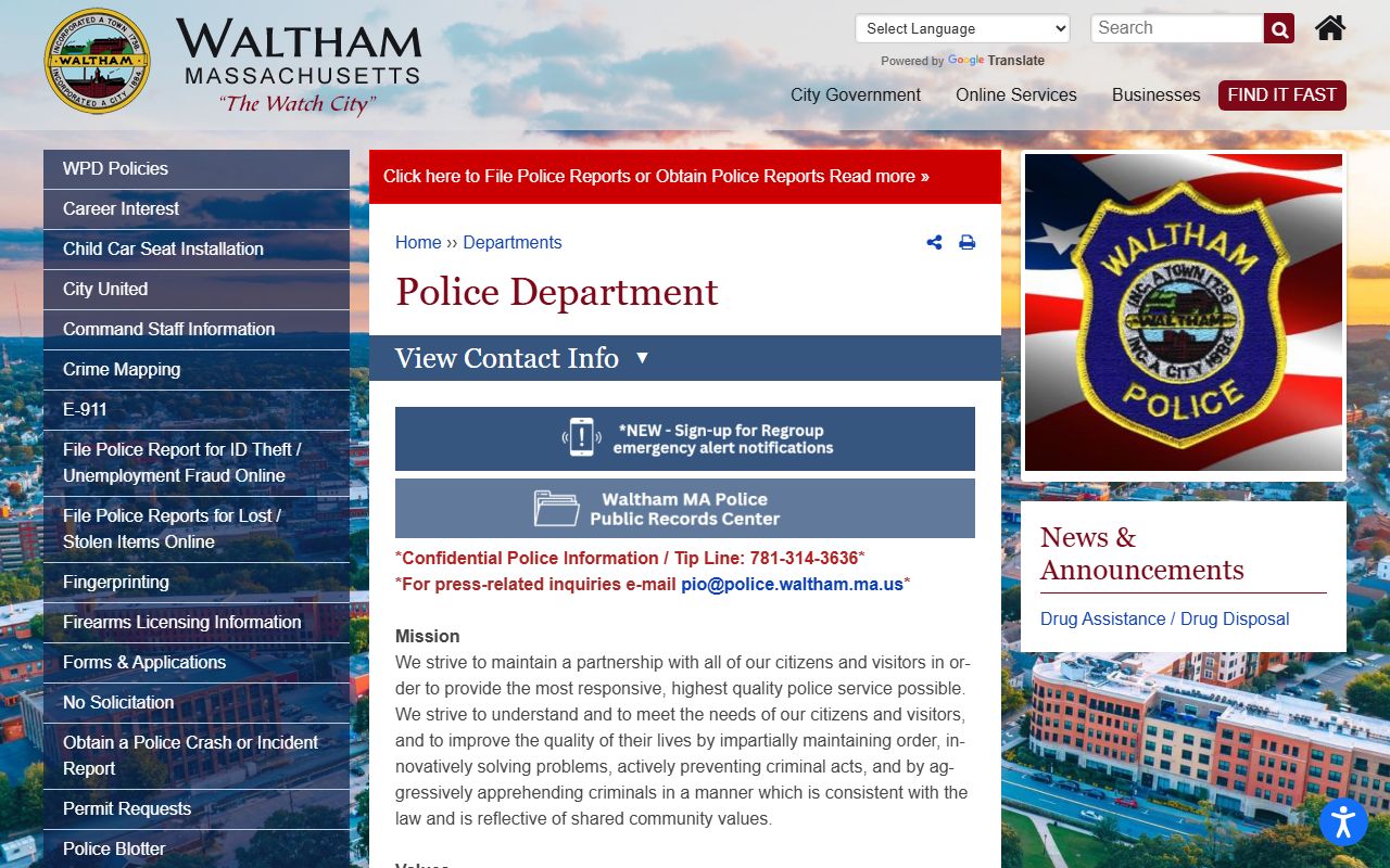 Waltham Police Department website for released inmate records