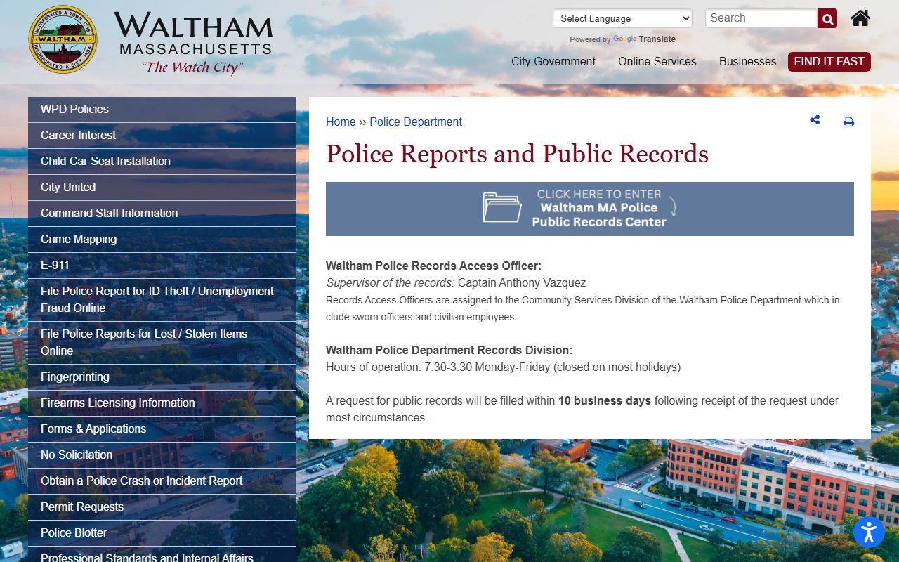 Waltham Police reports and public records page for released inmate data