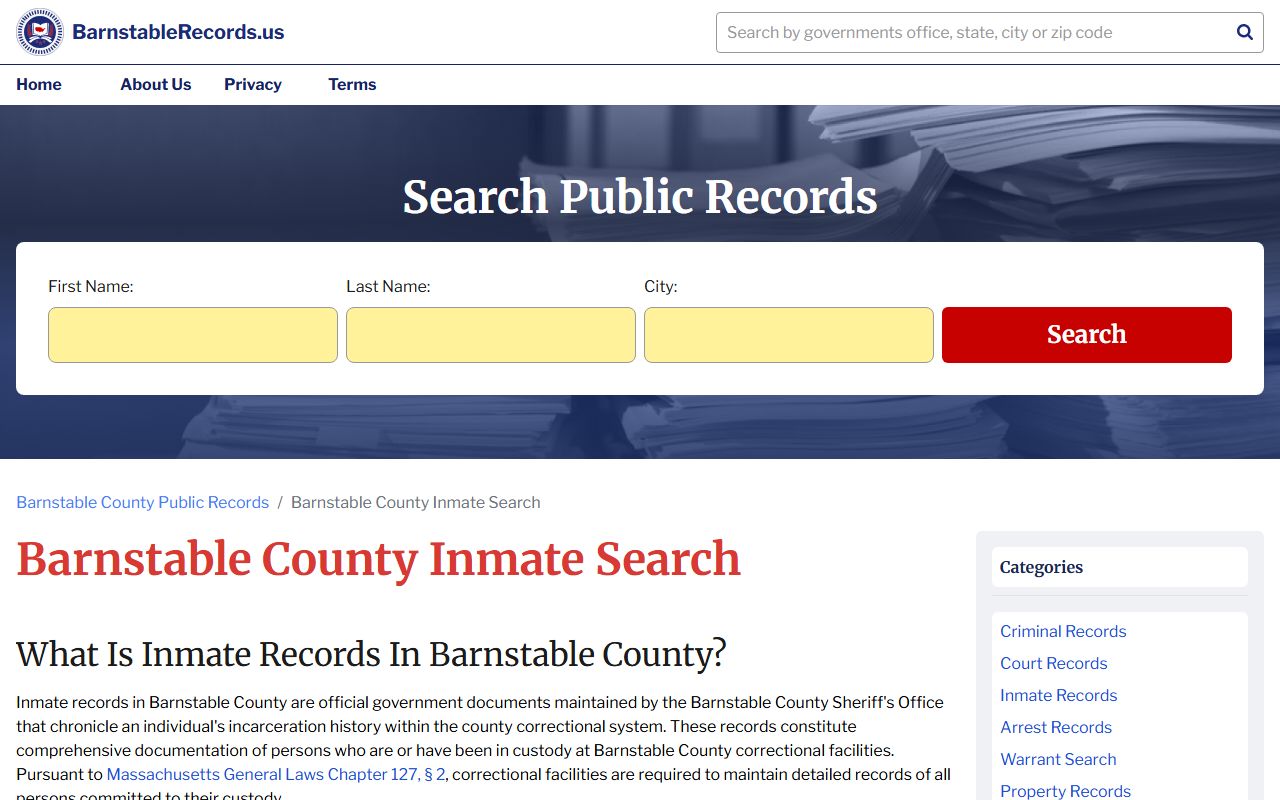 Barnstable County inmate search tool for released inmate records