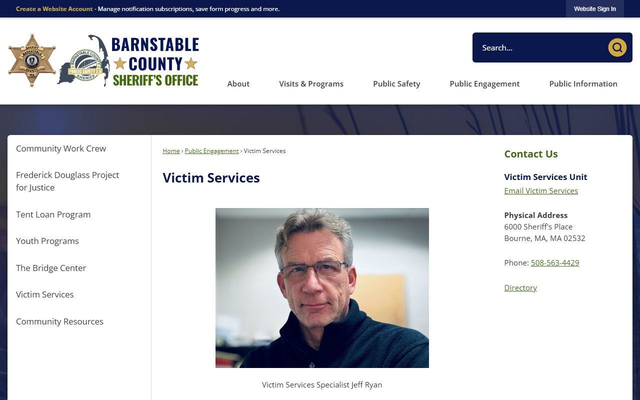 Barnstable County Victim Services page for released inmate records