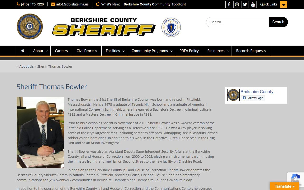 Sheriff Bowler biography page Berkshire County released inmate records