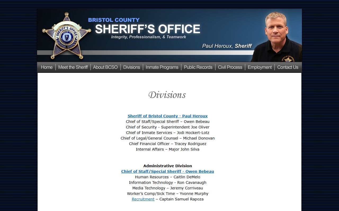 Bristol County Sheriff divisions page for released inmate information