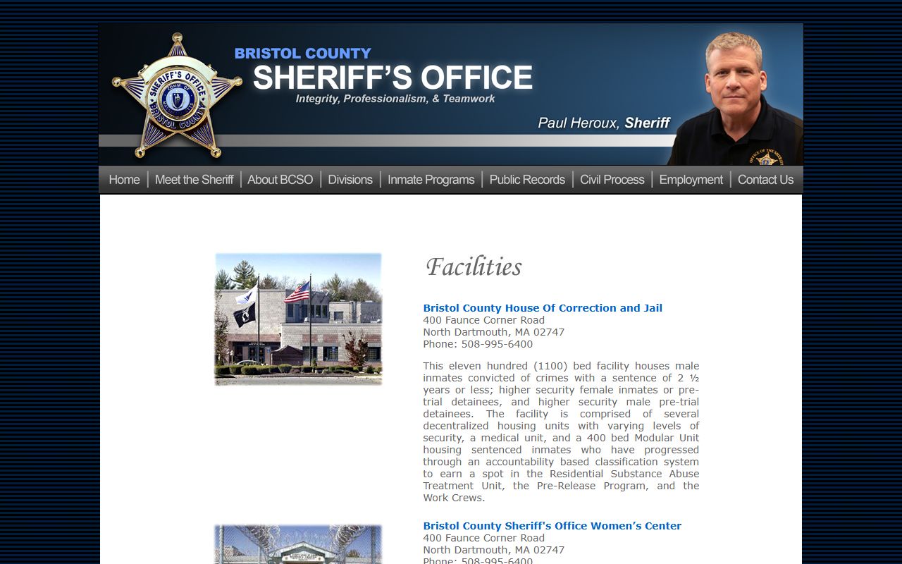 Bristol County Sheriff facilities page for released inmate records lookup