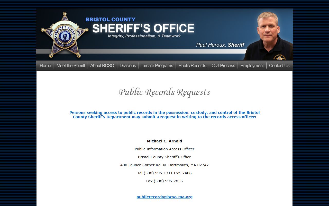 Bristol County Sheriff public records request page for released inmate data
