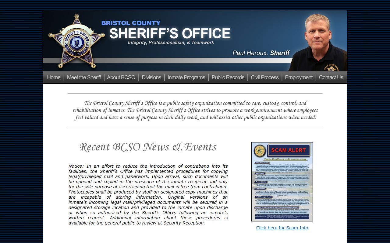 Bristol County Sheriff's Office official website for released inmate records