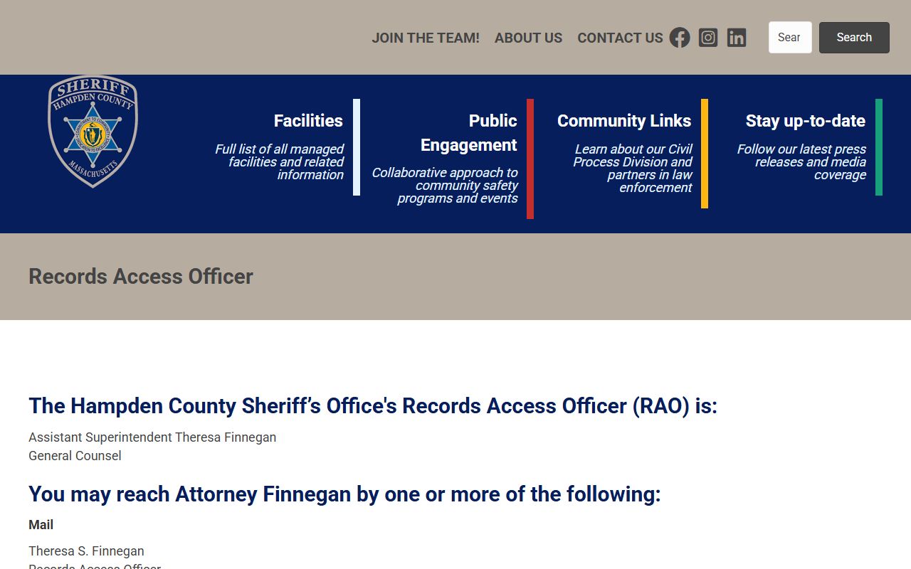 Hampden County Records Access Officer page for released inmate records