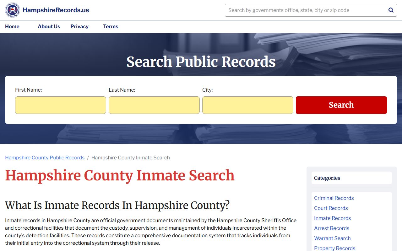 Hampshire County inmate search tool for released inmate records