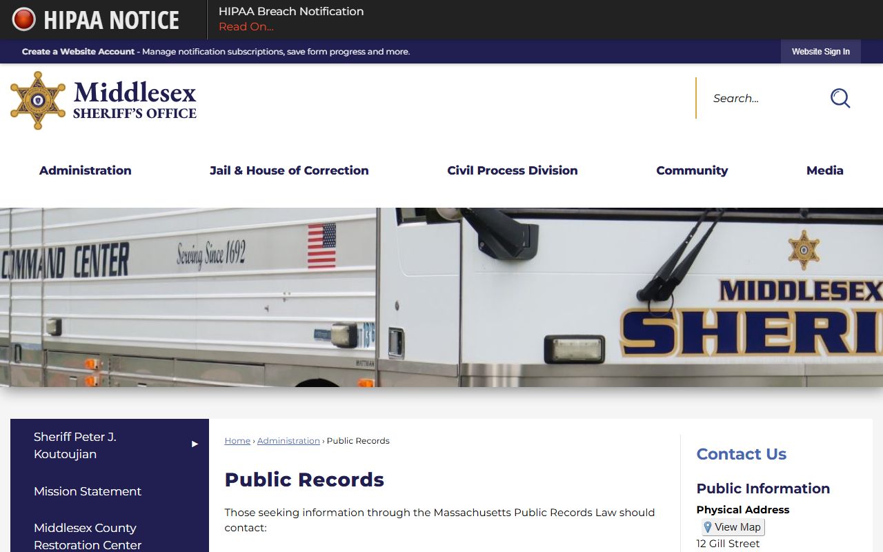 Middlesex County public records page for released inmate data