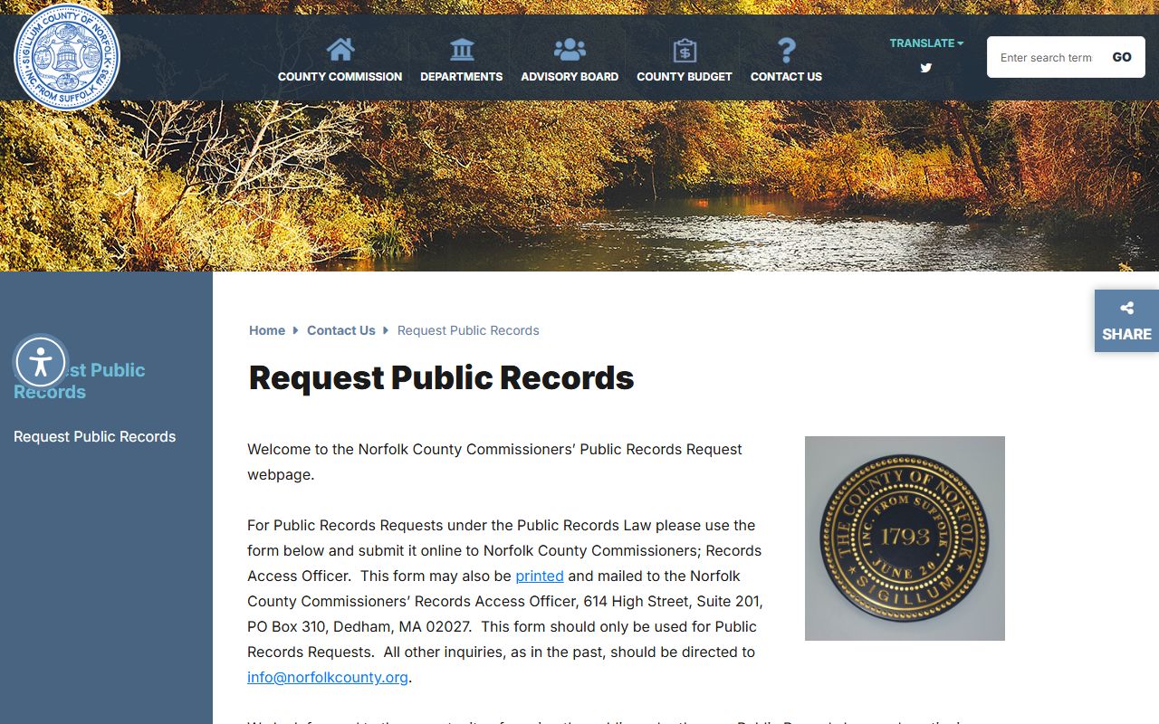 Norfolk County public records request page for released inmate related records