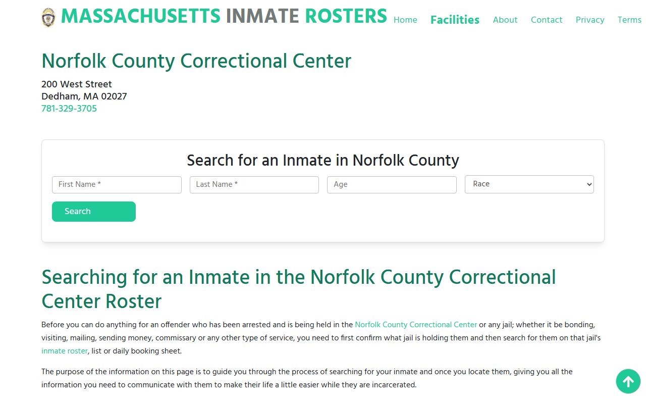 Norfolk County inmate rosters page for released inmate records lookup