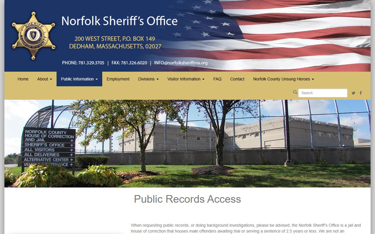 Norfolk County Sheriff public records page for released inmate records requests