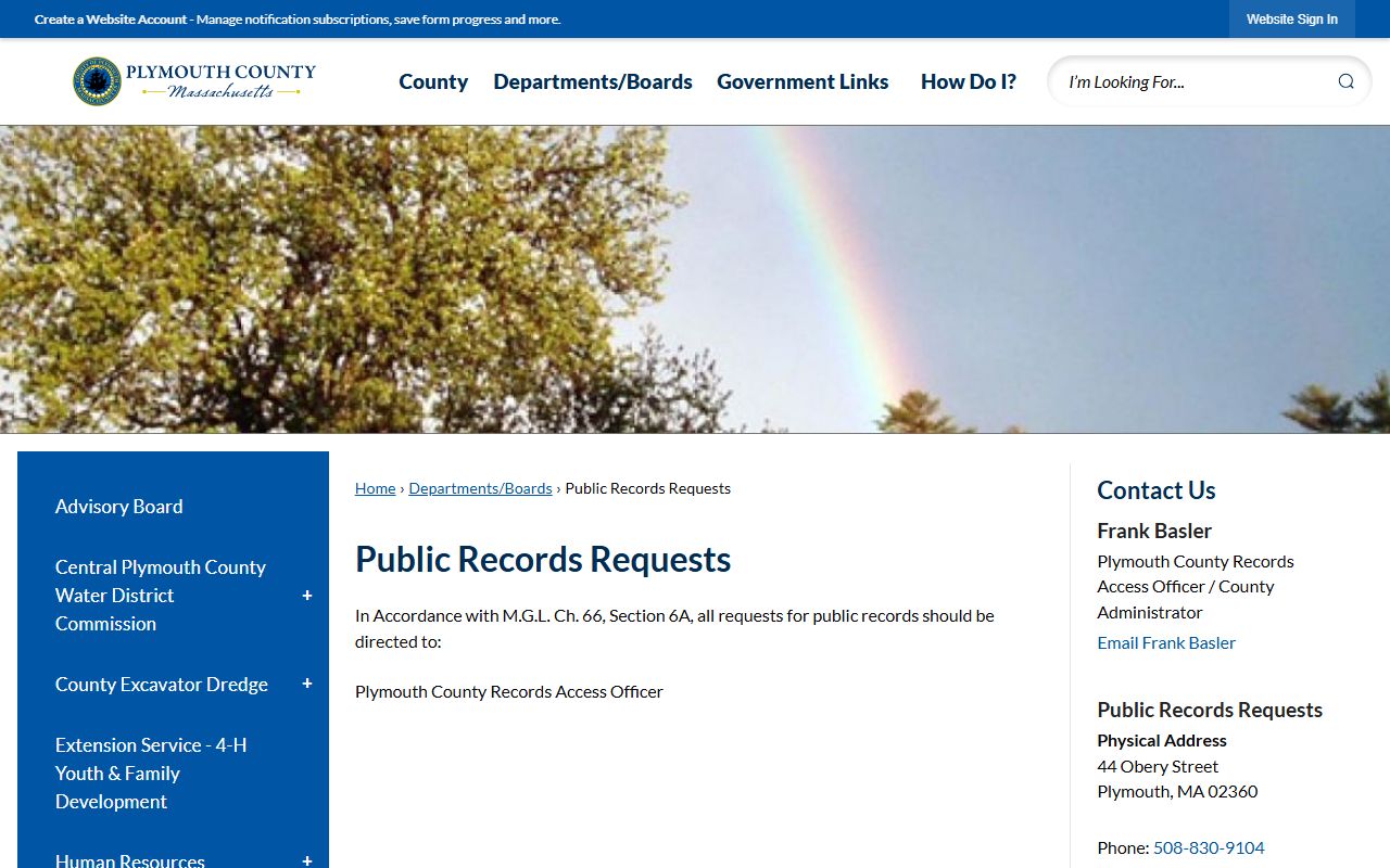 Plymouth County public records request page for released inmate records