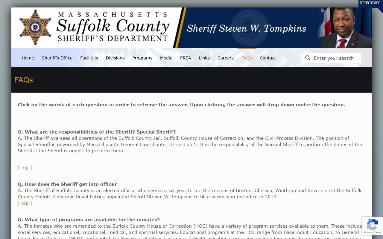 Suffolk County Sheriff FAQ page for released inmate records