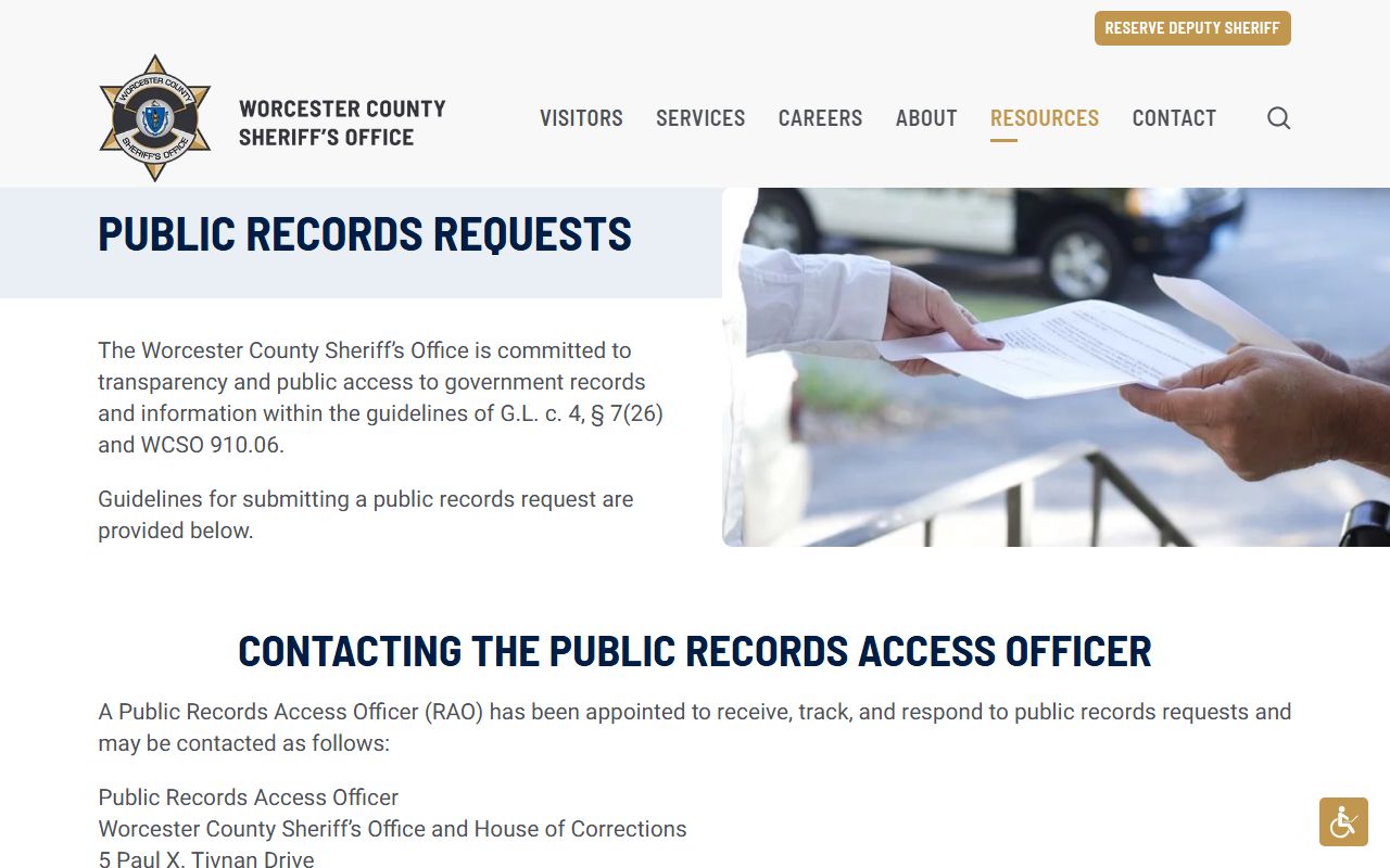 Worcester County Sheriff public records request page for released inmate records