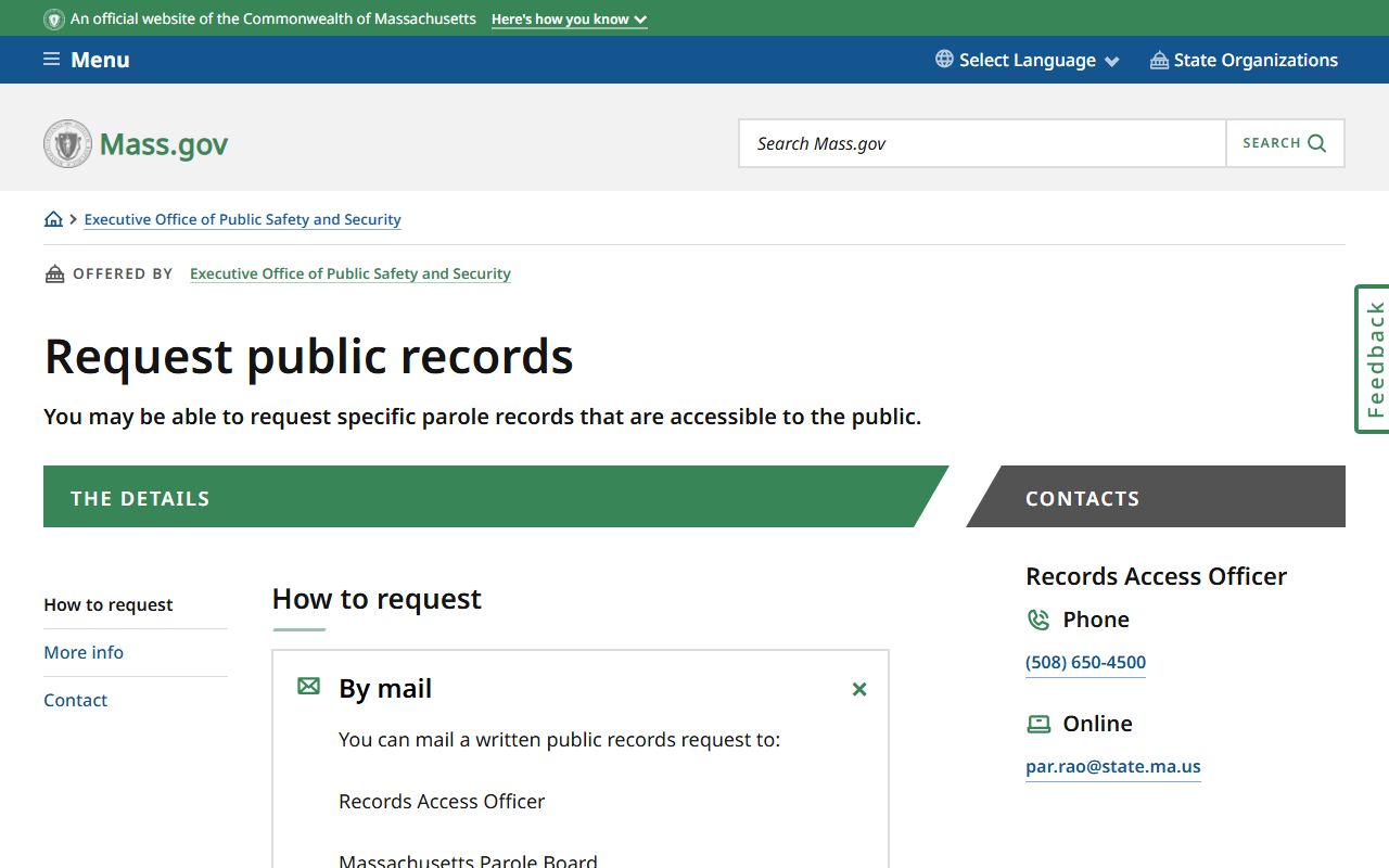 Massachusetts public records request portal for released inmate records
